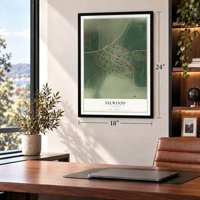 Nilwood, Illinois map, 18 x 24 inch print in a black frame in a home office