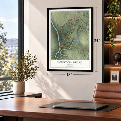 Mount Crawford, Virginia map, 18 x 24 inch print in a black frame in a home office