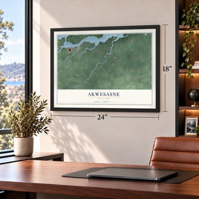 Akwesasne, New York map, 18 x 24 inch print in a black frame in a home office