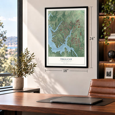 Tega Cay, South Carolina map, 18 x 24 inch print in a black frame in a home office