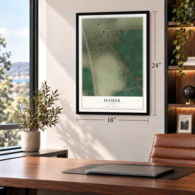 Hamer, Idaho map, 18 x 24 inch print in a black frame in a home office