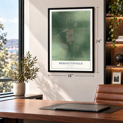 Burnettsville, Indiana map, 18 x 24 inch print in a black frame in a home office