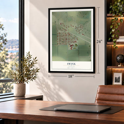 Swink, Colorado map, 18 x 24 inch print in a black frame in a home office