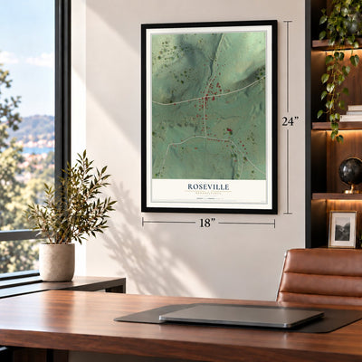 Roseville, Pennsylvania map, 18 x 24 inch print in a black frame in a home office