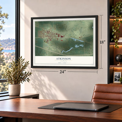 Atkinson, Illinois map, 18 x 24 inch print in a black frame in a home office