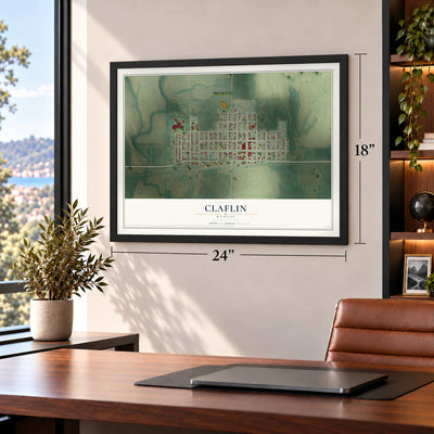 Claflin, Kansas map, 18 x 24 inch print in a black frame in a home office