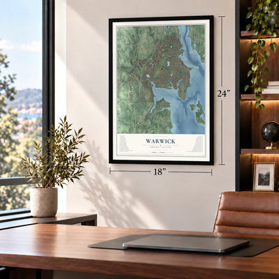 Warwick, Rhode Island map, 18 x 24 inch print in a black frame in a home office