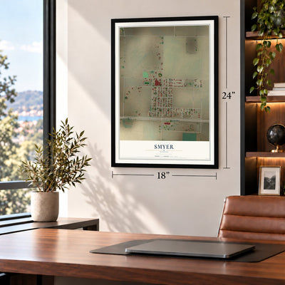 Smyer, Texas map, 18 x 24 inch print in a black frame in a home office