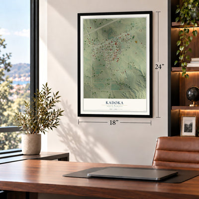 Kadoka, South Dakota map, 18 x 24 inch print in a black frame in a home office