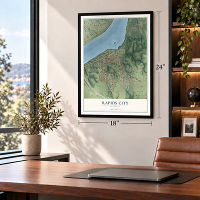 Rapids City, Illinois map, 18 x 24 inch print in a black frame in a home office