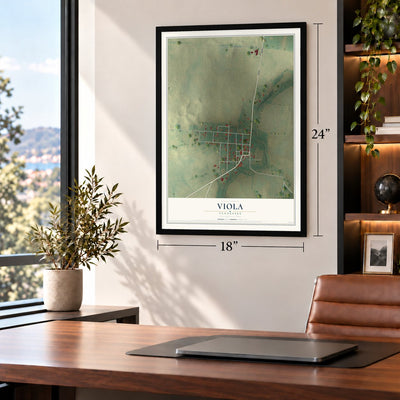 Viola, Tennessee map, 18 x 24 inch print in a black frame in a home office
