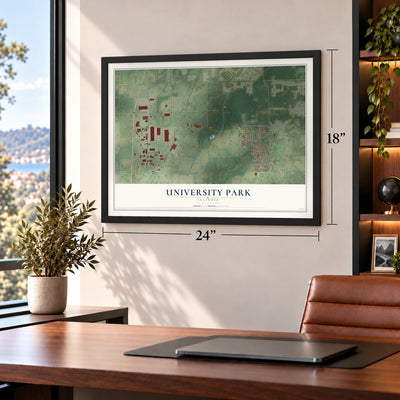 University Park, Illinois map, 18 x 24 inch print in a black frame in a home office