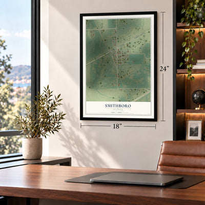 Smithboro, Illinois map, 18 x 24 inch print in a black frame in a home office