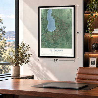 Old Tappan, New Jersey map, 18 x 24 inch print in a black frame in a home office