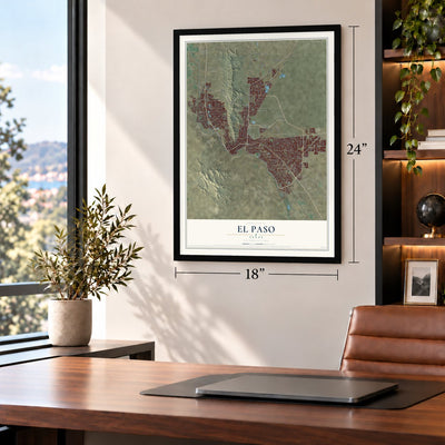 El Paso, Texas map, 18 x 24 inch print in a black frame in a home office