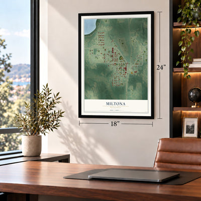 Miltona, Minnesota map, 18 x 24 inch print in a black frame in a home office