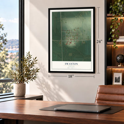 Swanton, Nebraska map, 18 x 24 inch print in a black frame in a home office