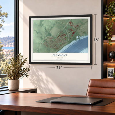 Claymont, Delaware map, 18 x 24 inch print in a black frame in a home office
