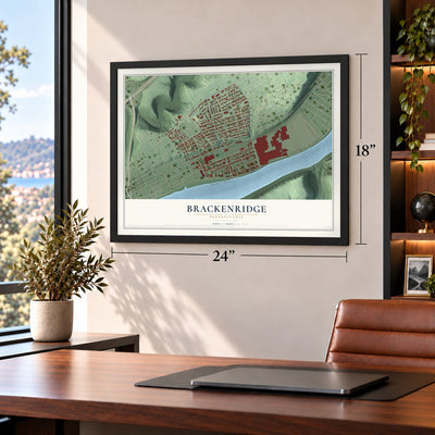 Brackenridge, Pennsylvania map, 18 x 24 inch print in a black frame in a home office