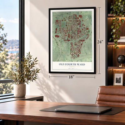 Old Fourth Ward, Georgia map, 18 x 24 inch print in a black frame in a home office