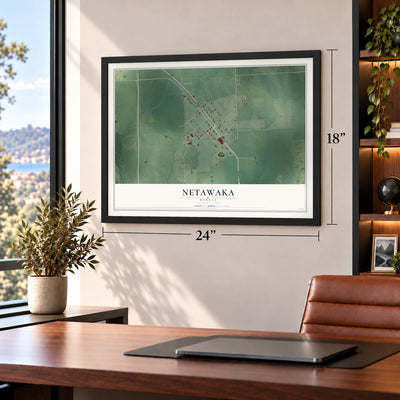 Netawaka, Kansas map, 18 x 24 inch print in a black frame in a home office