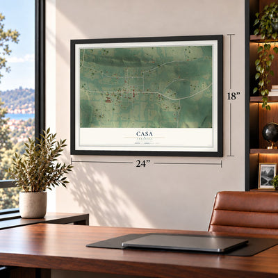 Casa, Arkansas map, 18 x 24 inch print in a black frame in a home office