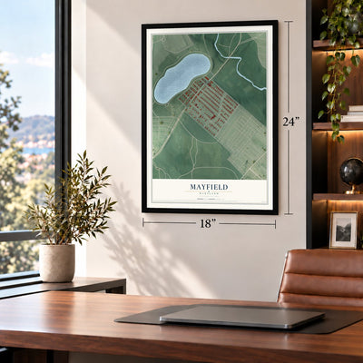 Mayfield, Maryland map, 18 x 24 inch print in a black frame in a home office