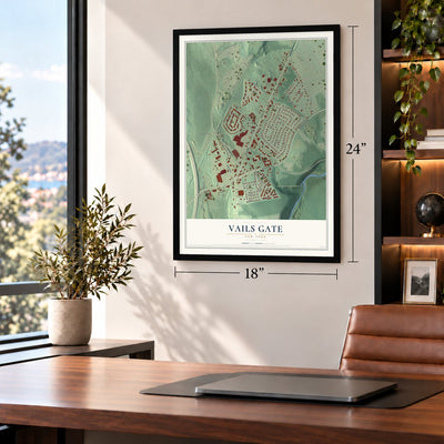 Vails Gate, New York map, 18 x 24 inch print in a black frame in a home office