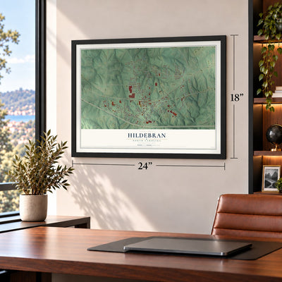 Hildebran, North Carolina map, 18 x 24 inch print in a black frame in a home office