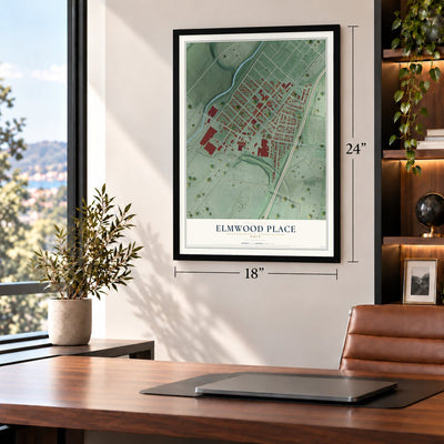 Elmwood Place, Ohio map, 18 x 24 inch print in a black frame in a home office