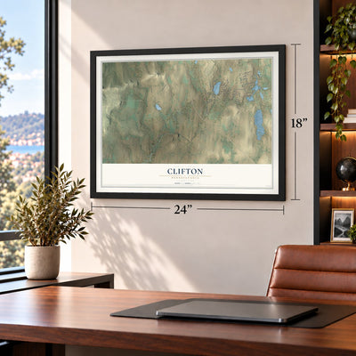 Clifton, Pennsylvania map, 18 x 24 inch print in a black frame in a home office