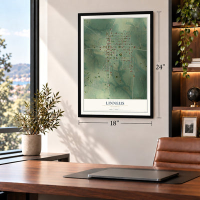 Linneus, Missouri map, 18 x 24 inch print in a black frame in a home office
