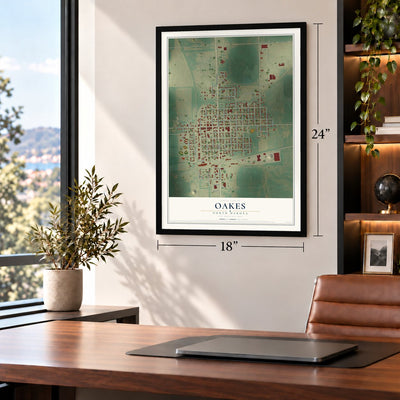 Oakes, North Dakota map, 18 x 24 inch print in a black frame in a home office