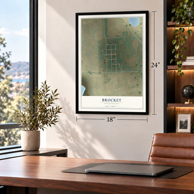Brocket, North Dakota map, 18 x 24 inch print in a black frame in a home office