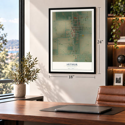 Arthur, North Dakota map, 18 x 24 inch print in a black frame in a home office