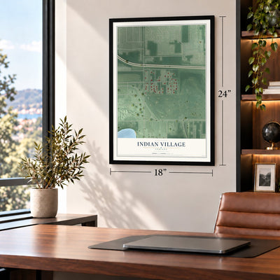 Indian Village, Indiana map, 18 x 24 inch print in a black frame in a home office