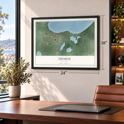 Osakis, Minnesota map, 18 x 24 inch print in a black frame in a home office