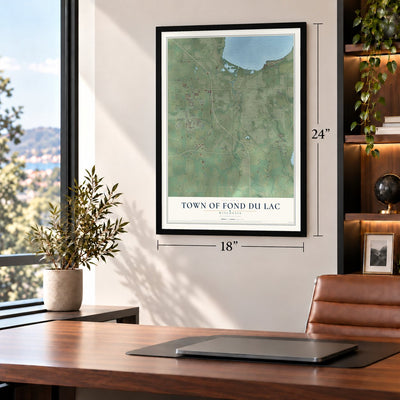 Town of Fond du Lac, Wisconsin map, 18 x 24 inch print in a black frame in a home office
