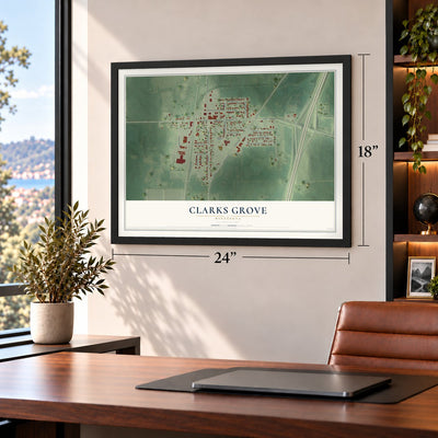 Clarks Grove, Minnesota map, 18 x 24 inch print in a black frame in a home office