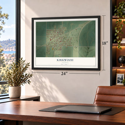 Kirkwood, Illinois map, 18 x 24 inch print in a black frame in a home office