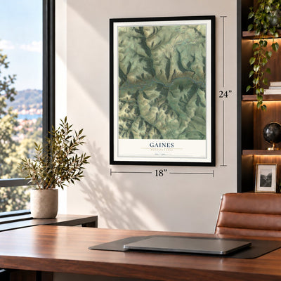 Gaines, Pennsylvania map, 18 x 24 inch print in a black frame in a home office