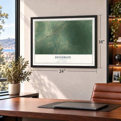 Dendron, Virginia map, 18 x 24 inch print in a black frame in a home office