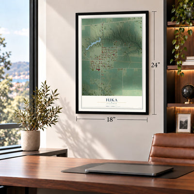 Iuka, Illinois map, 18 x 24 inch print in a black frame in a home office