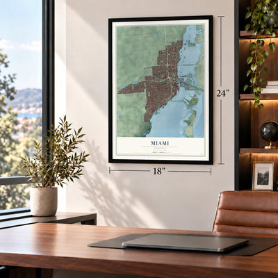 Miami, Florida map, 18 x 24 inch print in a black frame in a home office