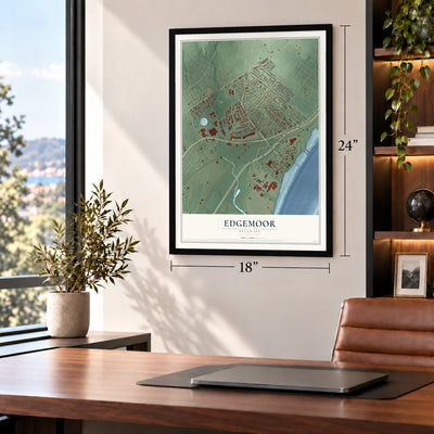 Edgemoor, Delaware map, 18 x 24 inch print in a black frame in a home office