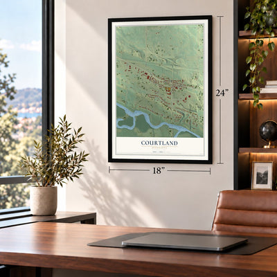 Courtland, Minnesota map, 18 x 24 inch print in a black frame in a home office