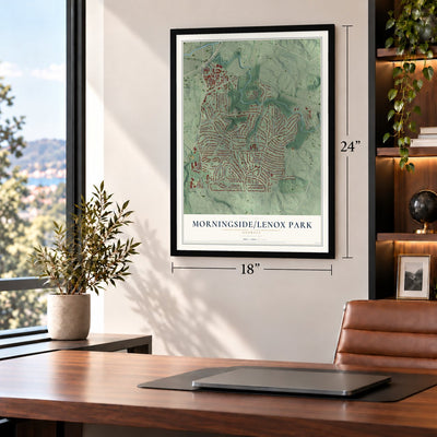 Morningside-Lenox Park, Georgia map, 18 x 24 inch print in a black frame in a home office