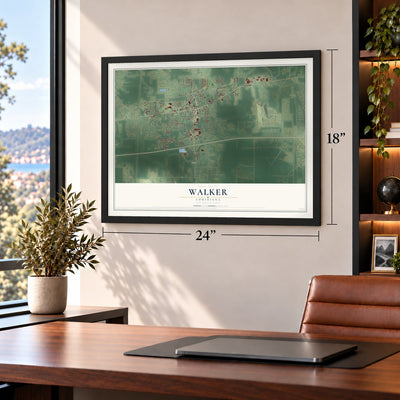 Walker, Louisiana map, 18 x 24 inch print in a black frame in a home office