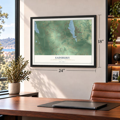 Sadsbury, Crawford County, Pennsylvania map, 18 x 24 inch print in a black frame in a home office