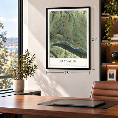 New Castle, Colorado map, 18 x 24 inch print in a black frame in a home office